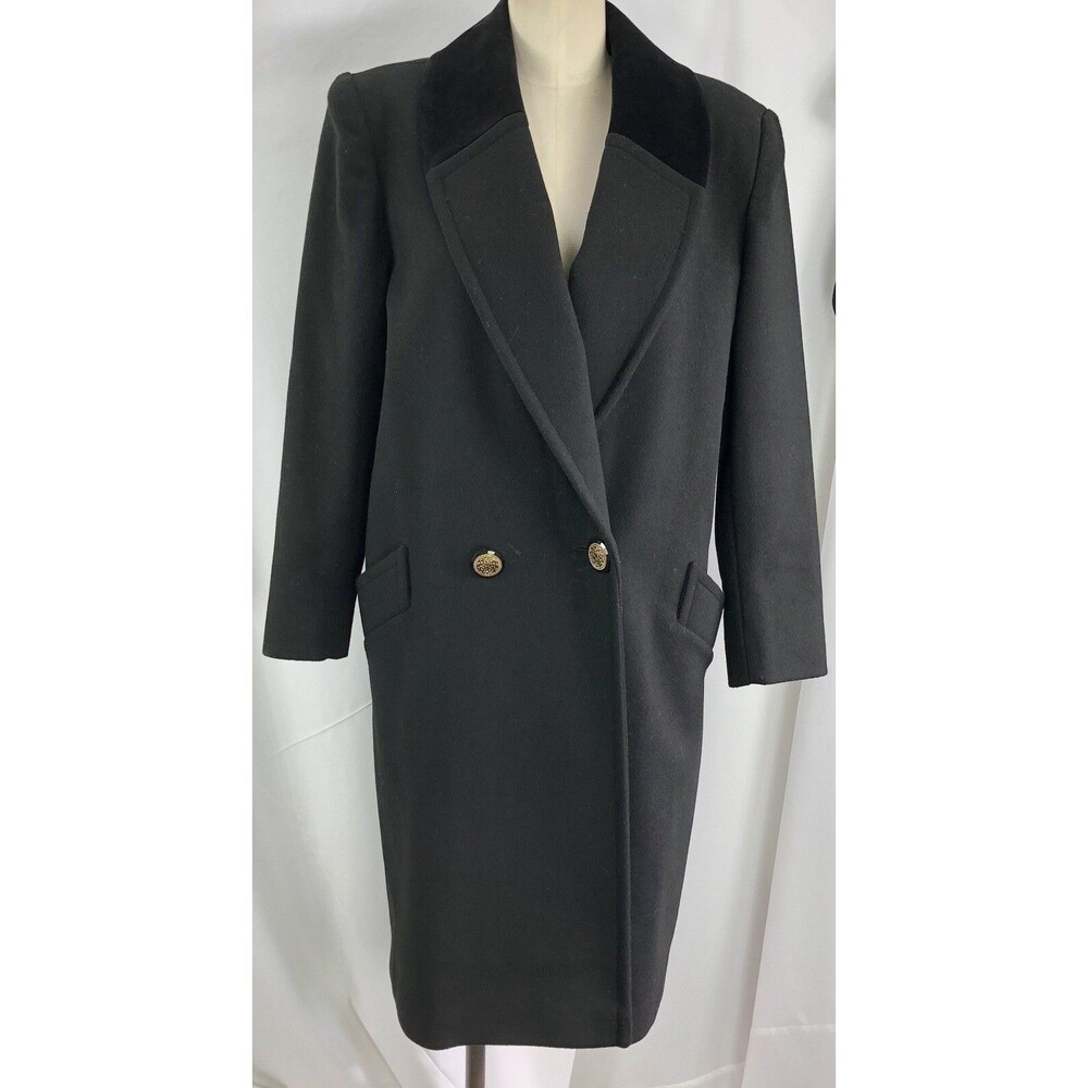 Vtg Jones NY 100%Wool Long PeaCoat L Blk DoubleBreast Velvet Collar Gold Buttons